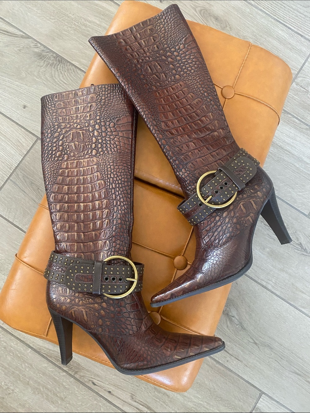 Gianni Bini Dark Brown Croc-Embossed Pointed Knee Boots with Studded Buckle